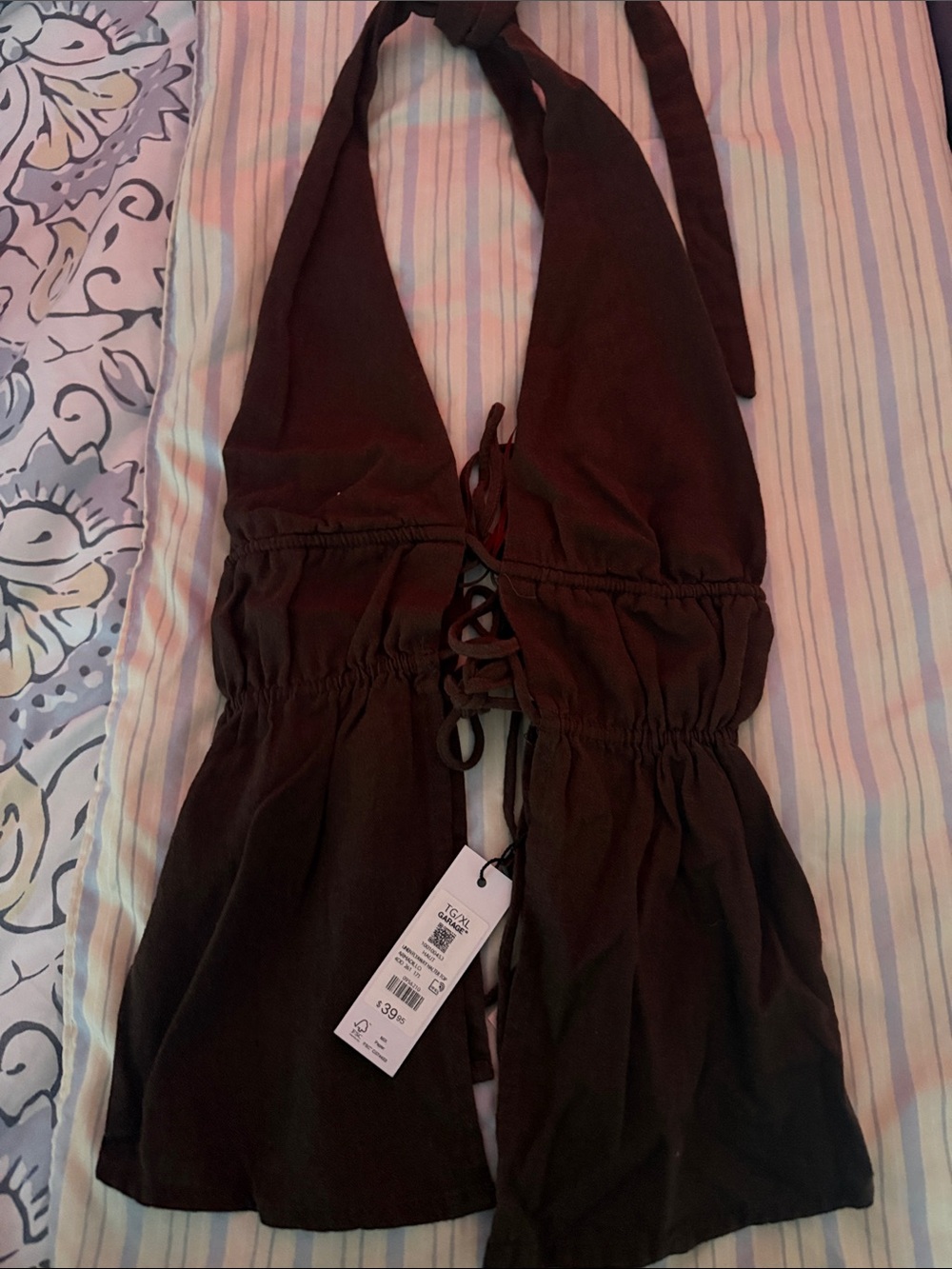 Garage Brown Halter Tank Top with Front Lace-Up